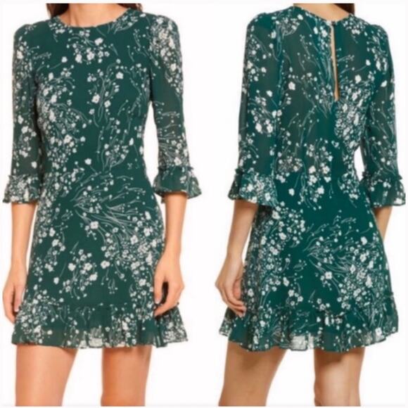 Reformation 8 Doutzen Floral Mini 3/4 Sleeve Dress Ruffle Fir & Flare Lake Green - Picture 1 of 15